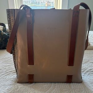 Beige and Brown Leather Tote Bag